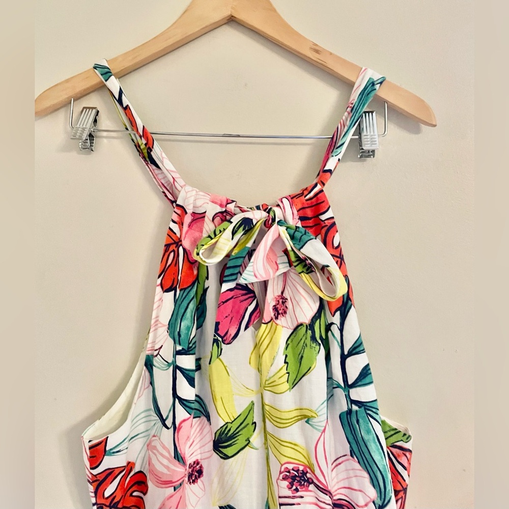 Tommy Bahama Floral Linen Halter Shift Dress Fringe Hem Lined Hibiscus Print L - Picture 7 of 13